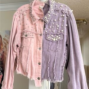 POL Two-Tone Pink & Lavender Pearl-Studded Denim Jacket